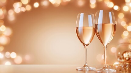 Fototapeta premium Two champagne glasses with warm golden bokeh lights background for celebration