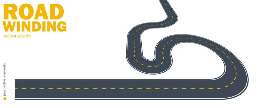 Clean vector illustration of a winding highway with strong perspective, curved road geometry and dashed markings, suitable for maps, presentations and transportation concepts.