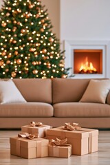 Fototapeta premium Decorated Christmas tree glowing with warm fairy lights beside gift boxes and fireplace