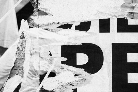 Old ripped torn black and white fly posters textures backgrounds grunge creased crumpled paper vintage collage placards empty space for text