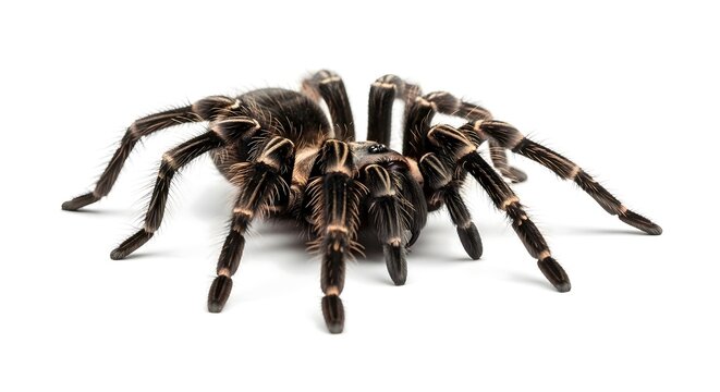 A frontal, detailed studio shot of a large, hairy tarantula, legs spread, on a white background