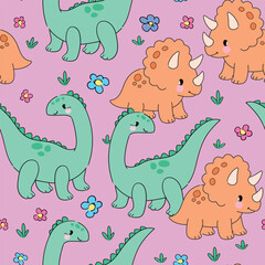 Cute Dinosaur Seamless Pattern with Friendly Dinosaurs and Flowers for Children © Alsu Art