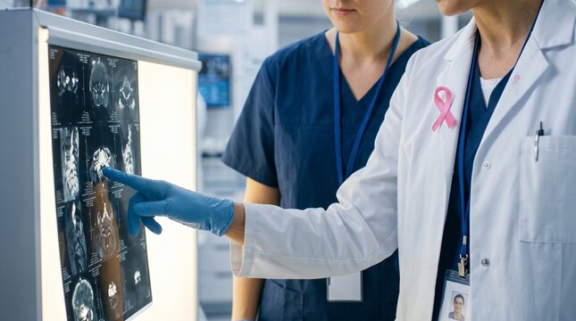 Professional doctors examining patient brain scan results for breast cancer awareness campaign.