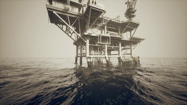Vintage toned oil platform showing weathered steel and barnacle growth, patina and rust textures, nostalgic heritage mood with strong contrast and tactile decay