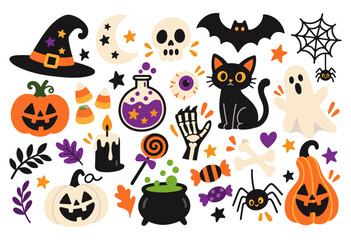 Obraz premium Cute Halloween Icon Set with Pumpkin Ghost Black Cat Potion and Spooky Elements