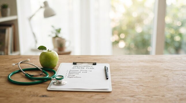 A wooden table featuring a green apple, a stethoscope, and a clipboard with health wellness goals listed for a balanced lifestyle