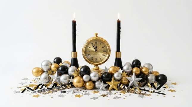 New year clock with black gold and silver holiday ornaments
