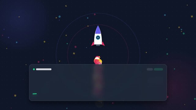 Animated rocket launch with rising growth chart and digital interface elements for business success