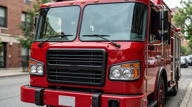 Red fire truck parked on a city street, close-up of a modern emergency response vehicle, municipal firefighting equipment
