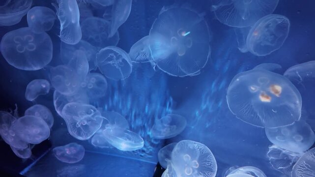Graceful Moon Jellyfish Swimming in Deep Blue Aquarium Tank