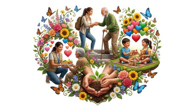 People helping others and nature in a floral heart shape
