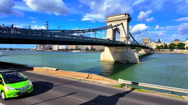 Chain Bridge spans the Danube River in Budapest, Hungary