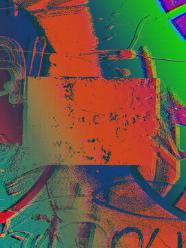 Abstract orange and green glitch halftone background with a central eroded rectangular block and datamosh dot pattern breakup. Anchors Y2K and digital graphic design for a brutalist poster layout.