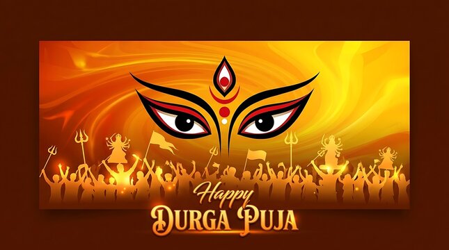 Happy durga puja celebration with goddess eyes and silhouette