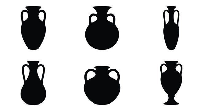 Six black silhouettes of ancient amphorae against a white background amphora vessels containers ceramic antique