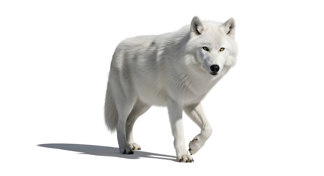 A regal arctic canid, with pristine white fur, paces forward confidently on an empty white background