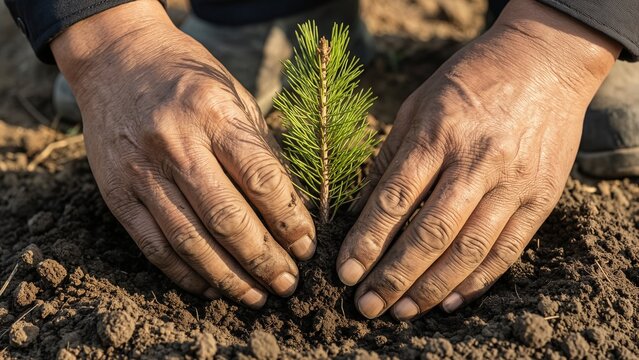 Environment - Close up of a person planting a pine tree sapling in soil
