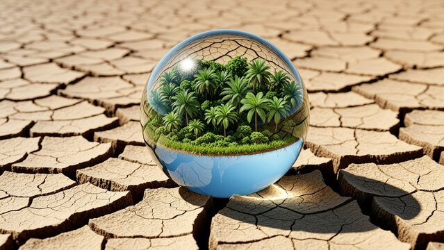 Environment - Glass globe with lush green forest oasis surrounded by cracked dry earth