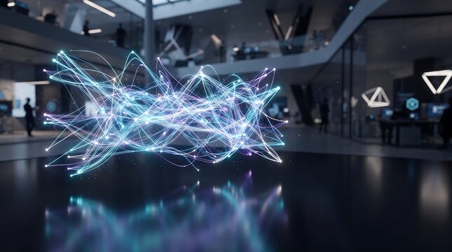 Abstract digital network data visualization glowing in a futuristic corporate office interior