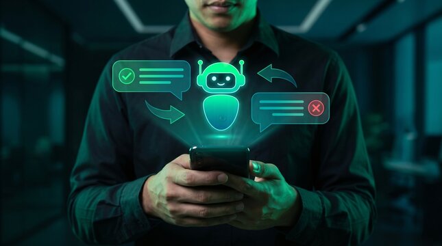 Customer service chatbot conversation monitoring on smartphone, businessman reviewing ai dialogue response accuracy with approved checkmark and rejected cross icon for digital support training.