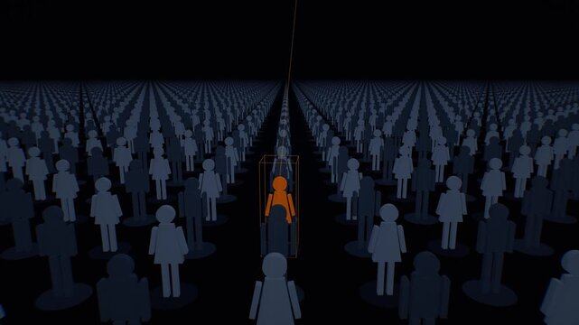 Single orange human figure targeted and illuminated within dark matrix grid of monotone avatars