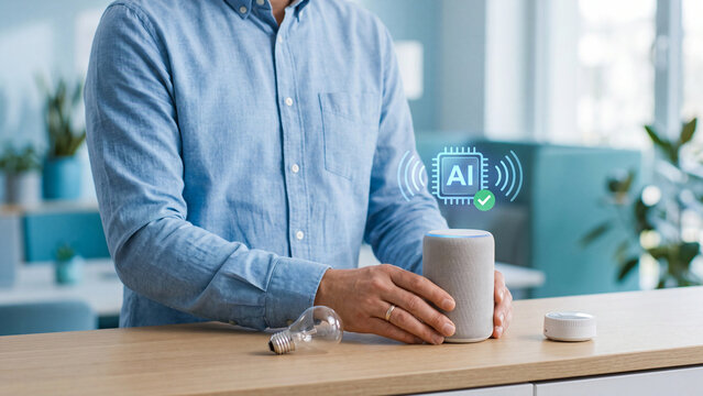 AI smart home and voice assistant concept, man holding smart speaker with ai chip and sound wave, light bulb and smart sensor for home automation and voice control technology