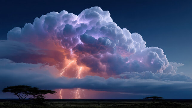 Colossal thunderstorm cloud, lightning, dramatic sky, night, landscape, high fidelity, surreal