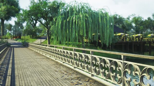 Ornate walkway lined with willow trees, decorative metal railing and wooden planks, filtered sunlight casting patterned shadows, romantic promenade ideal