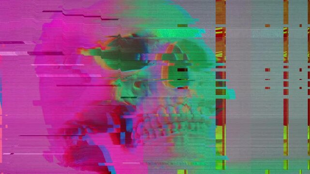 Vibrant Neon Skull Digital Glitch Video Loop. Futuristic Cyberpunk Motion Graphics with Distortion and Chromatic Aberration.