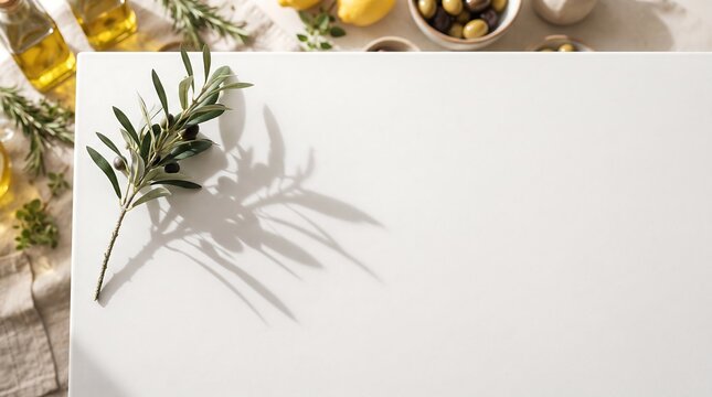 Fresh olive branch on a white surface with Mediterranean food ingredients background