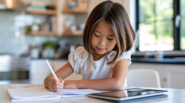 Young East Asian girl completing school assignments in a notebook while using a tablet for research, bright home kitchen, focused learning, digital education, independent study,