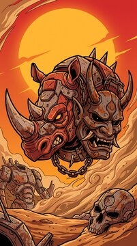 Armored rhino and rusty Oni mask in a post-apocalyptic desert wasteland.