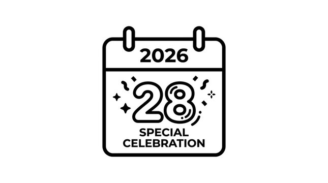 Calendar showing 2026 on the 28th with festive confetti and stars for a special occasion