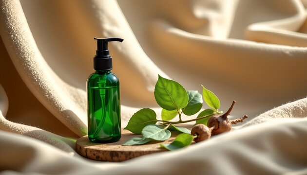 The image features a green glass pump bottle placed on a round wooden surface, complemented by green leaves and small natural elements such as seed pods