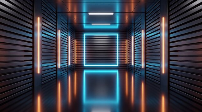 Cyberpunk metallic corridor featuring glowing blue neon square frame and vertical orange accents.