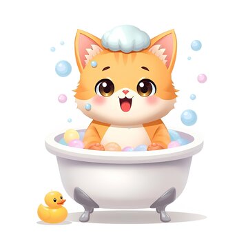 Cute Cartoon Kitten Taking Bubble Bath in Bathtub with Rubber Duck