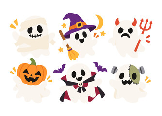 Obraz premium Cute Halloween Ghost Costume Character Set with Witch Mummy Devil and Vampire