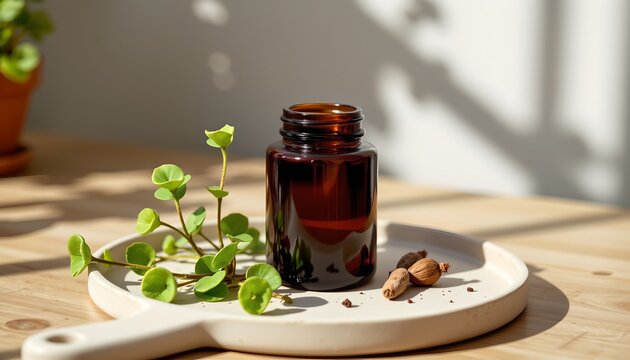 The image features a small, dark amber glass bottle placed on a white oval dish, which is situated on a light wooden surface