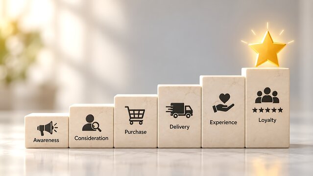 Gold Star On Top Of Customer Journey Step Blocks Representing Marketing Strategy And Brand Loyalty Success