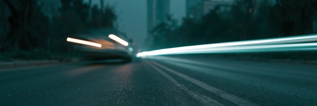 Low angle long exposure road scene with fast light beams and oncoming headlights for cinematic background or banner design