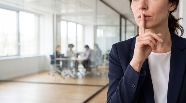 A businesswoman signals for silence in a bright modern office with coworkers working in the background.