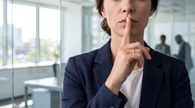 A businesswoman gestures for silence while standing in a modern office environment.