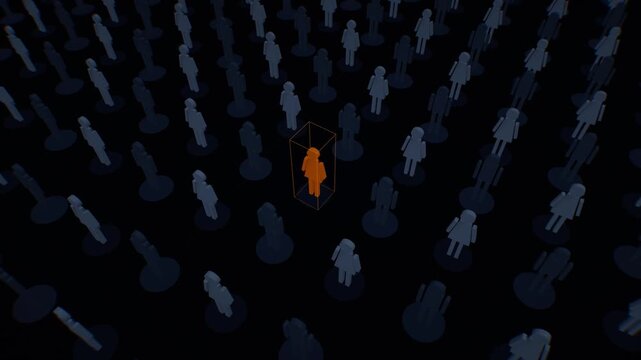 Miniature human figures arrayed in a grid with a single highlighted subject framed inside an orange marker box in a wide 3D digital scene