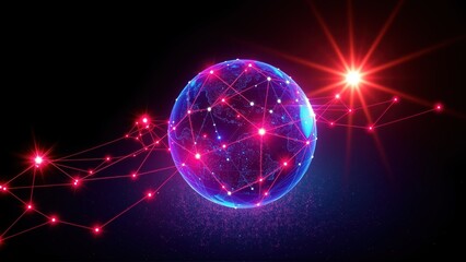 Fototapeta premium Glowing globe connected via red lines. Bright star radiates light. Dark background emphasizes digital network concept.