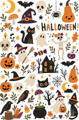 Fototapeta premium Cute Halloween Character and Object Collection with Ghosts Pumpkins Cats and Haunted House