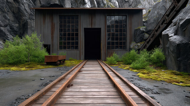 Decaying mine portal, wooden railway track, metal building, overgrown moss, rocky cliff, abandoned, industrial