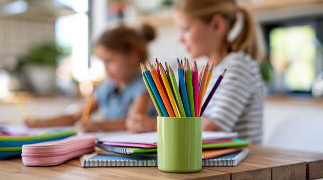 Mother and daughter organizing notebooks, colored pencils and pencil cases before the new school year, wooden kitchen table, cheerful home atmosphere, school preparation, family