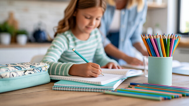 Mother and daughter organizing notebooks, colored pencils and pencil cases before the new school year, wooden kitchen table, cheerful home atmosphere, school preparation, family