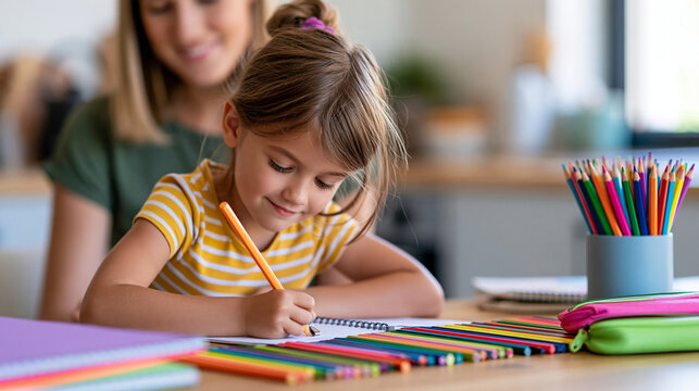 Mother and daughter organizing notebooks, colored pencils and pencil cases before the new school year, wooden kitchen table, cheerful home atmosphere, school preparation, family