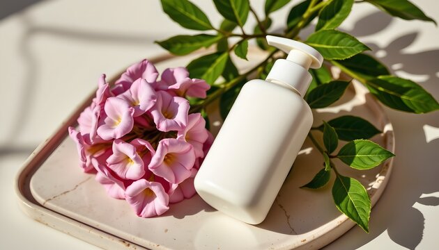 The image features a white plastic bottle with a pump dispenser, resting on a rectangular ceramic tray with a slightly raised edge